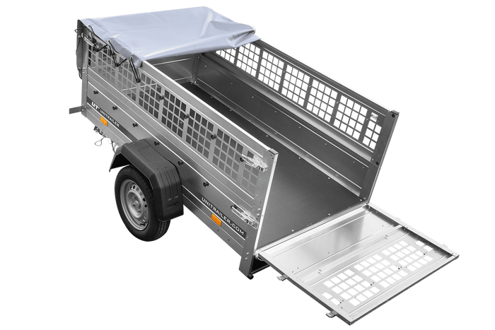 Rimorchio monoasse 200x106 UNITRAILER GARDEN 200 KIPP con sponde in rete e telone grigio