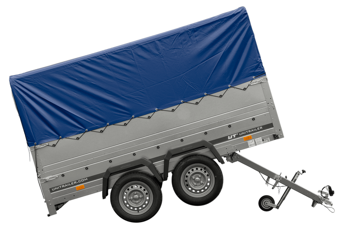 Rimorchio per auto a due assi UNITRAILER GARDEN TRAILER 264/2 KIPP CON RUOTA DI SOSTEGNO, FIANCHI BIS, TELAIO H-800 E COPERTURA BLU