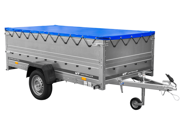 Rimorchio a un asse Unitrailer GARDEN TRAILER 264 KIPP con sponde BIS e telone piatto blu