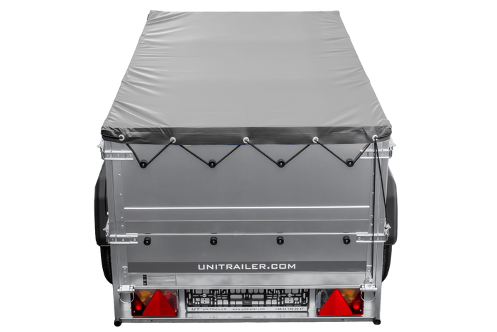 Rimorchio carrello leggero senza freni trasporto cose 750 kg Unitrailer Garden Trailer 200 kipp (new) con ruotino sovrasponde e telo grigio