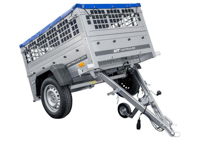 Rimorchio per auto 150x106 UNITRAILER GARDEN 150 KIPP con lati in rete e copertura blu