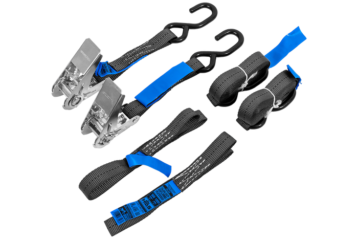 Set di due cinghie di trasporto HILLS da 3 m/25 mm/1 t con tenditore e due imbracature da 0,45 m per fissare la motocicletta.