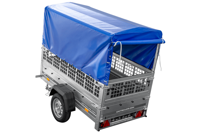 Rimorchio leggero 200x106 UNITRAILER GARDEN 200 KIPP con sponde in rete, telaio H-800 e telo di copertura blu