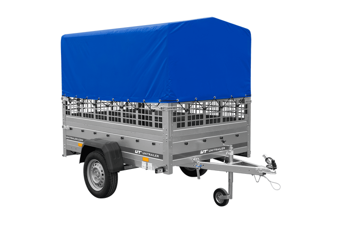 Rimorchio per auto 200x125 UNITRAILER GARDEN 201 KIPP con sponde in rete, telaio H-800 e telone grigio