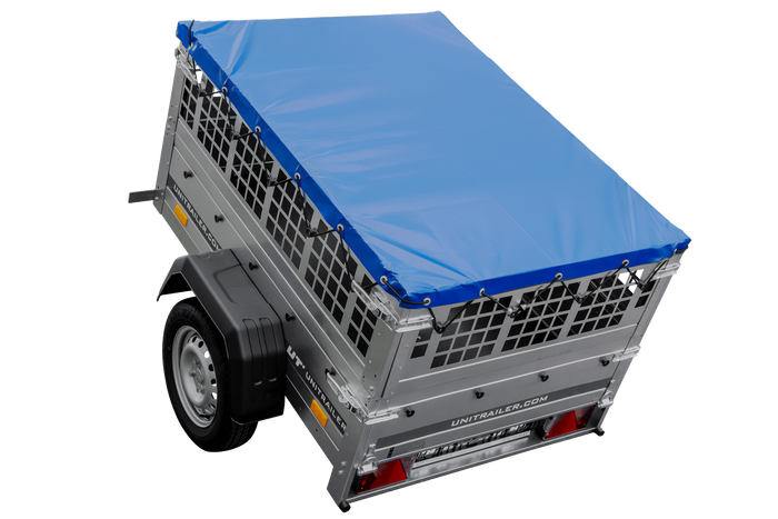 Rimorchio per auto 150x106 UNITRAILER GARDEN 150 KIPP con lati in rete e copertura blu