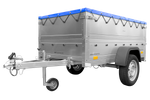 Nuovo rimorchio per auto GARDEN TRAILER 200 KIPP con ruotino d'appoggio, sovrasponde e telo piatto blu