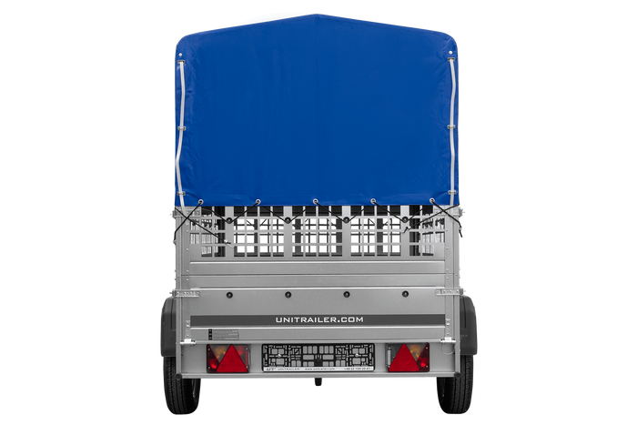 Rimorchio per auto 200x125 UNITRAILER GARDEN 201 KIPP con sponde in rete, telaio H-800 e telone grigio