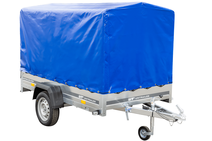 Rimorchio per auto 230x125 UNITRAILER GARDEN 230 KIPP con telaio H-1100 e copertura blu