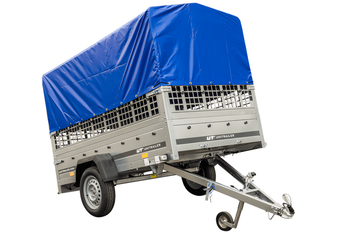 Rimorchio monoasse 230x125 UNITRAILER GARDEN 230 KIPP con sponde in rete, telaio H-800 e telone blu