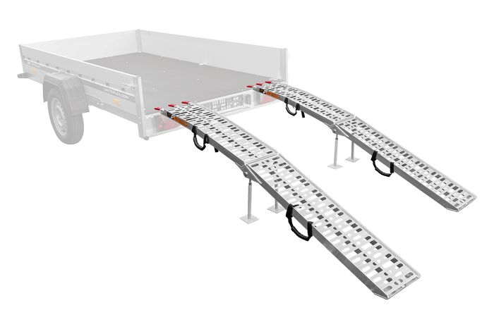 UNITRAILER ALR003 rampe pieghevoli in alluminio per rimorchi, 221 cm, portata 680 kg, con cinghia e supporto, set da 2