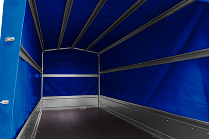 Rimorchio a due assi 264x125 UNITRAILER GARDEN 264/2 KIPP con telaio H-1100 e telone blu
