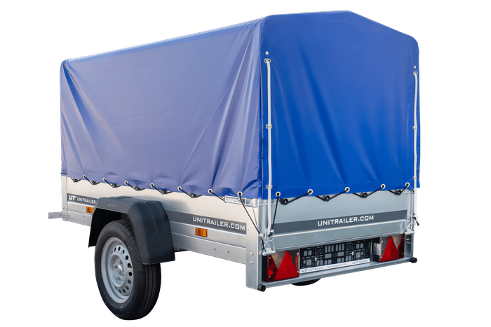 Rimorchio auto leggero 200 x 106 con ruota di supporto, telone blu e centina PTT 750 KG Garden Trailer 200 KIPP