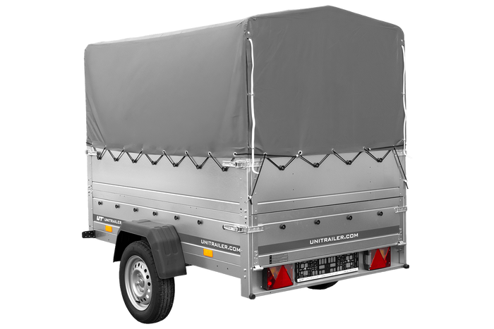 Rimorchio per auto 200x125 UNITRAILER GARDEN 201 KIPP con sponde BIS, telaio H-800 e telo di copertura grigio