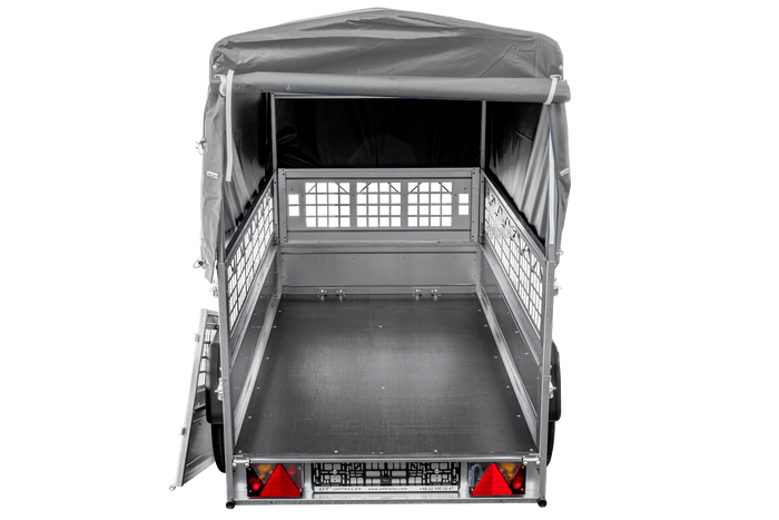 Rimorchio per auto 200x106 UNITRAILER GARDEN 200 KIPP con sponde in rete, telaio H-800 e copertura grigia