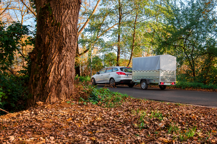 Rimorchio per auto 230x125 UNITRAILER GARDEN 230 KIPP con sponde BIS, telaio H-800 e copertura grigia