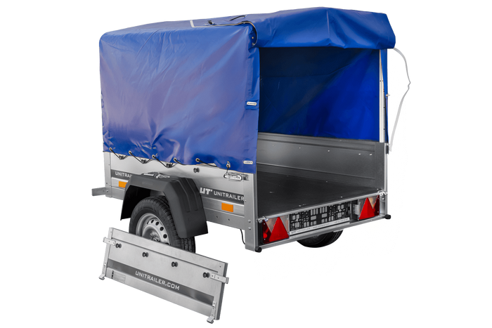 Rimorchio leggero 150x106 con telone blu e centina PTT 750 kg Garden Trailer 150 kipp