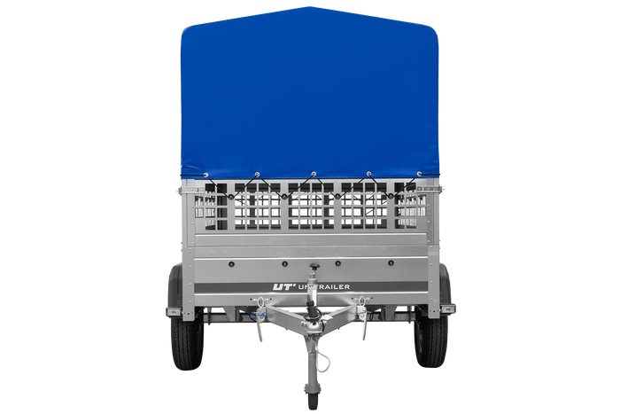 Rimorchio per auto 200x125 UNITRAILER GARDEN 201 KIPP con sponde in rete, telaio H-800 e telone grigio