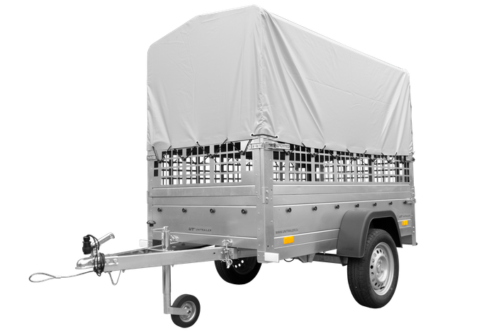 rimorchio carello trasporto cose rimorchio leggero 750 kg Unitrailer Garden Trailer 200 kipp con sovrasponde a rete ruotino centina e telo grigio 