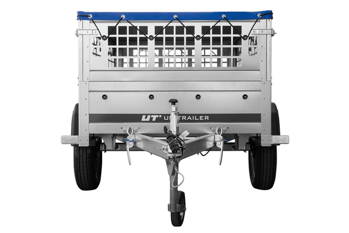 RIMORCHIO DA GIARDINO 200 KIPP CON RUOTA DI APPOGGIO, FIANCHI IN RETE, TELAIO H-0 E COPERTURA BLU