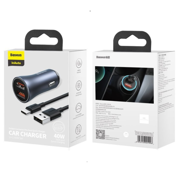 BASEUS Golden Pro 2xUSB 40W Caricabatterie per auto + cavo USB