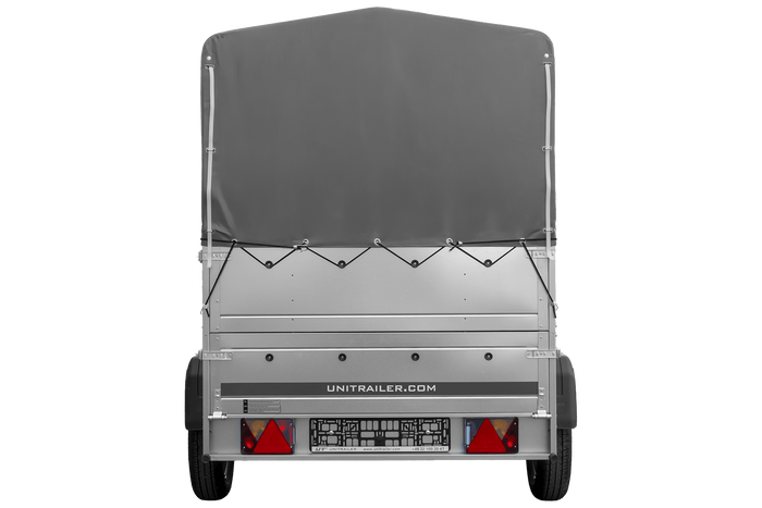 Rimorchio per auto 200x125 UNITRAILER GARDEN 201 KIPP con sponde BIS, telaio H-800 e telo di copertura grigio