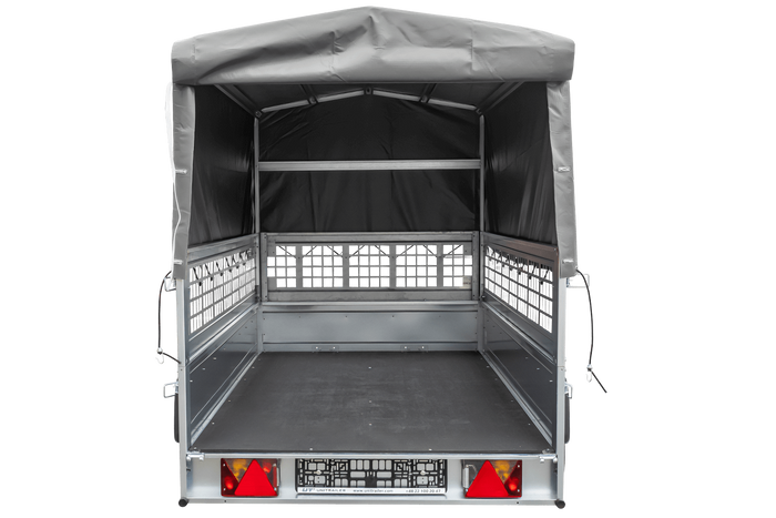 Rimorchio per auto 230x125 UNITRAILER GARDEN 230 KIPP con sponde in rete, telaio H-800 e copertura grigia