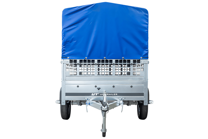 Rimorchio monoasse 230x125 UNITRAILER GARDEN 230 KIPP con sponde in rete, telaio H-800 e telone blu