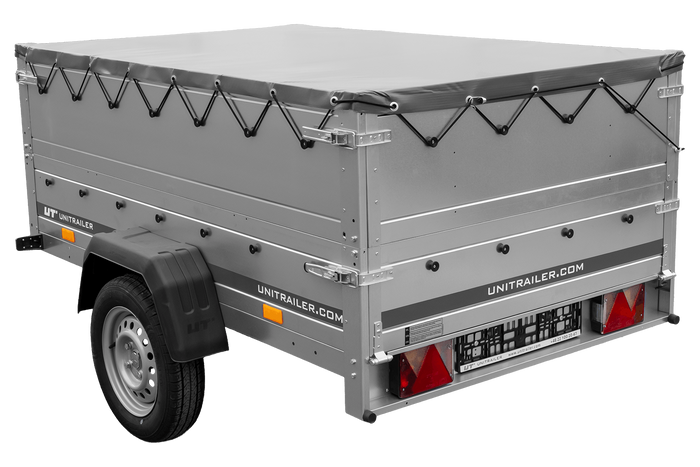 Rimorchio leggero 200x125 UNITRAILER GARDEN 201 KIPP con sponde BIS, telaio H-0 e telone grigio