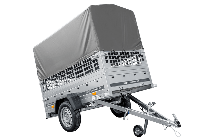 Rimorchio per auto 200x106 UNITRAILER GARDEN 200 KIPP con sponde in rete, telaio H-800 e copertura grigia