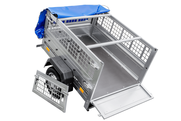 Rimorchio per auto 150x106 UNITRAILER GARDEN 150 KIPP con lati in rete e copertura blu