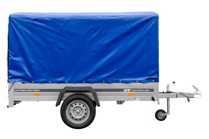 Rimorchio per auto 230x125 UNITRAILER GARDEN 230 KIPP con telaio H-1100 e copertura blu