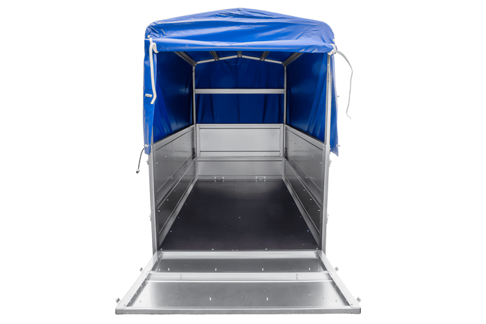 Rimorchio per auto 200x106 UNITRAILER GARDEN 200 KIPP con sponde BIS, telaio H-800 e telo di copertura blu
