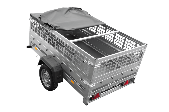 Rimorchio per auto 200x125 UNITRAILER GARDEN 201 KIPP con lati in rete, telaio H-0 e copertura grigia