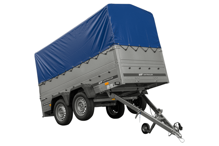Rimorchio per auto a due assi UNITRAILER GARDEN TRAILER 264/2 KIPP CON RUOTA DI SOSTEGNO, FIANCHI BIS, TELAIO H-800 E COPERTURA BLU