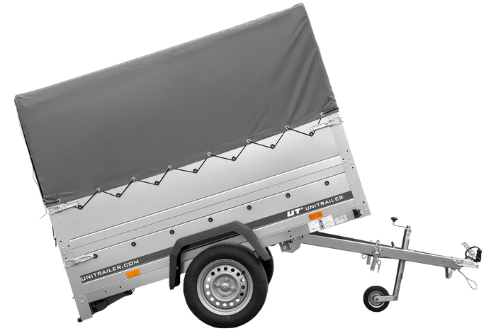 Rimorchio per auto 200x125 UNITRAILER GARDEN 201 KIPP con sponde BIS, telaio H-800 e telo di copertura grigio