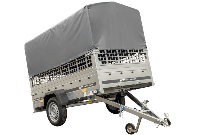 Rimorchio per auto 230x125 UNITRAILER GARDEN 230 KIPP con sponde in rete, telaio H-800 e copertura grigia