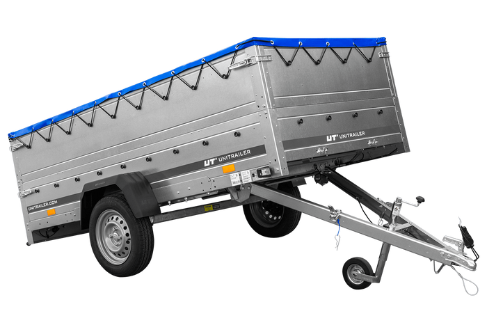 Rimorchio a un asse Unitrailer GARDEN TRAILER 264 KIPP con sponde BIS e telone piatto blu