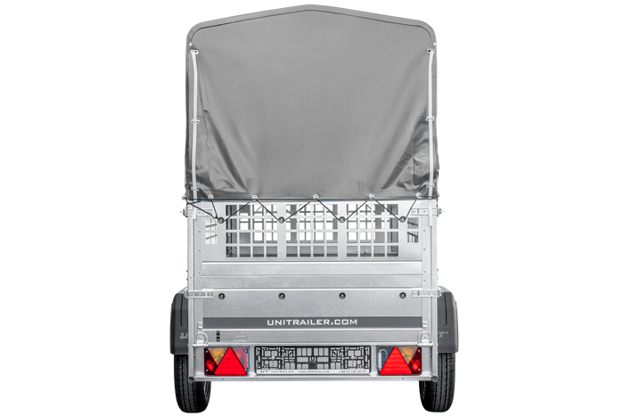 Rimorchio per auto 200x106 UNITRAILER GARDEN 200 KIPP con sponde in rete, telaio H-800 e copertura grigia