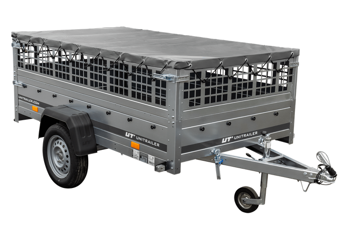Rimorchio per auto 230x125 UNITRAILER GARDEN 230 KIPP con lati in rete e copertura grigia