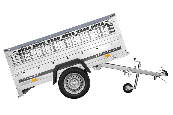 RIMORCHIO DA GIARDINO 200 KIPP CON RUOTA DI SOSTEGNO, FIANCHI IN RETE E TELO PIATTO GRIGIO