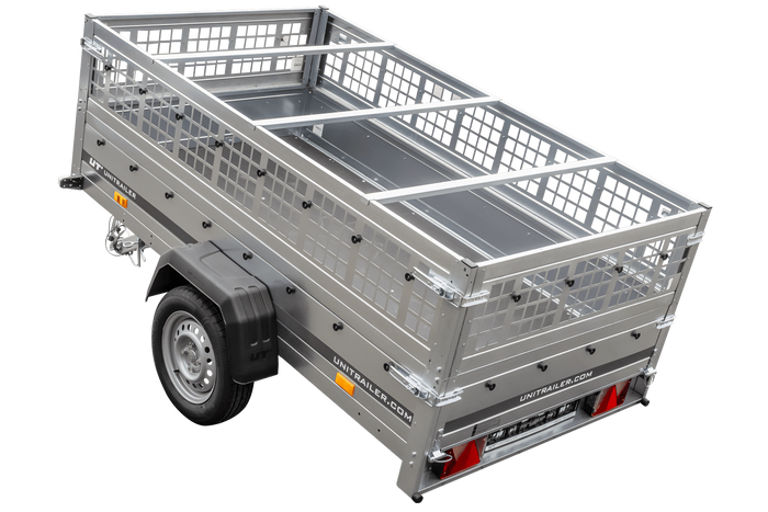 Rimorchio monoasse 230x125 UNITRAILER GARDEN 230 KIPP con sponde in rete, telaio H-0 e copertura grigia