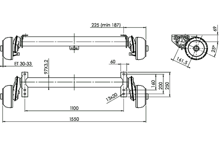 Assale frenato AL-KO COMPACT per rimorchio/carrello portattrezzi 1350kg 1100mm 1550mm 5x112