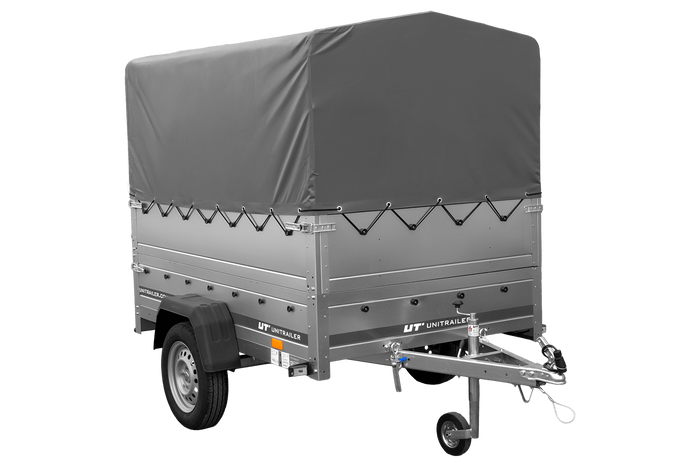Rimorchio per auto 200x125 UNITRAILER GARDEN 201 KIPP con sponde BIS, telaio H-800 e telo di copertura grigio