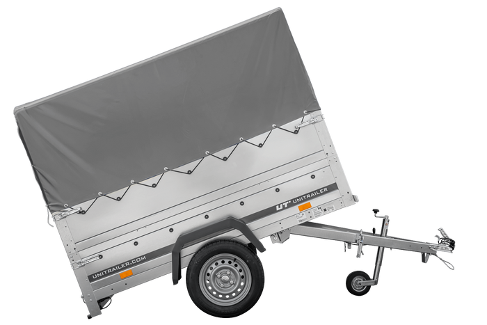 Rimorchio carrello trasporto cose rimorchio leggero 750 kg Unitrailer Garden Trailer 200 kipp con sovrasponde ruotino centina e telo grigio 