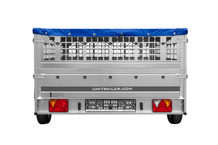 Rimorchio leggero su molle 264x150 UNITRAILER GARDEN 265/R KIPP con sponde in rete, telaio H-0 e copertura blu