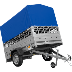 Rimorchio per auto 200x125 UNITRAILER GARDEN 201 KIPP con sponde in rete, telaio H-800 e telone grigio