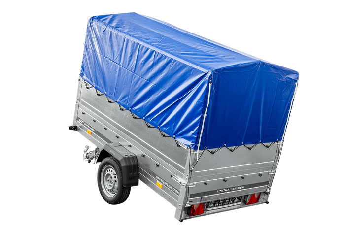 Rimorchio leggero 230x125 UNITRAILER GARDEN 230 KIPP con sponde BIS, telaio H-800 e telo di copertura blu