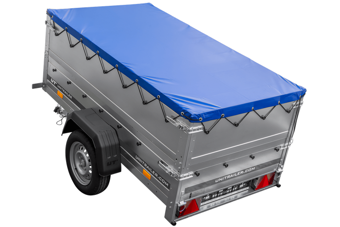 Rimorchio per auto 200x106 UNITRAILER GARDEN 200 KIPP con sponde BIS, telaio H-0 e copertura blu