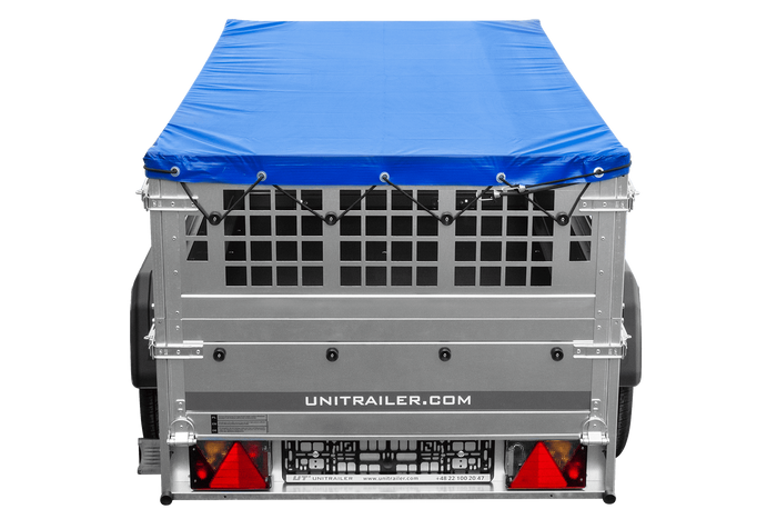 RIMORCHIO DA GIARDINO 200 KIPP CON RUOTA DI APPOGGIO, FIANCHI IN RETE, TELAIO H-0 E COPERTURA BLU