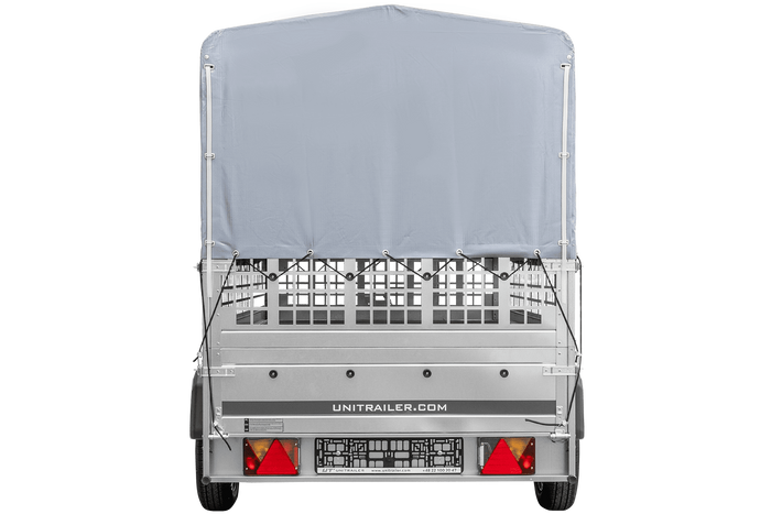 RIMORCHIO TRASPORTO COSE RIMORCHIO LEGGERO 750 KG UNITRAILER GARDEN TRAILER 264 KIPP CON SOVRASPONDE A RETE RUOTINO CENTINA E TELO GRIGIO